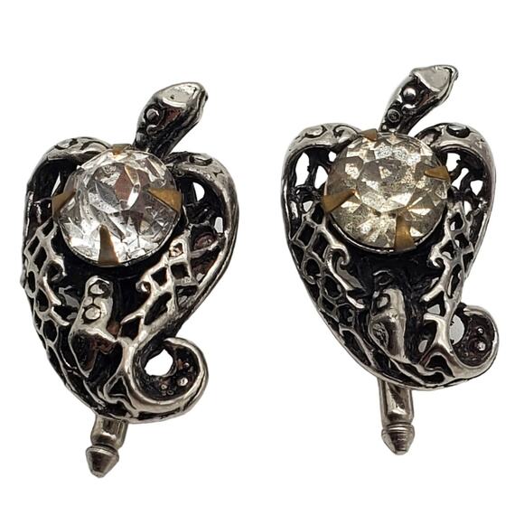 Snake Reptile Crystal Tuxedo Shirt Buttons Cufflinks Silver Tone Rhinestone Vtg - Picture 1 of 11